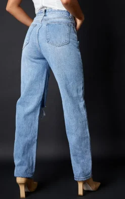 Petite Light Blue Wash Open Knee Leg Straight Jeans