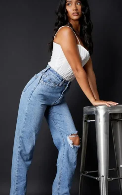 Petite Light Blue Wash Open Knee Leg Straight Jeans