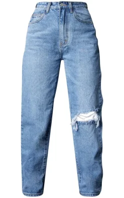 Petite Light Blue Wash Open Knee Leg Straight Jeans