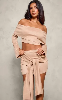 Petite Light Brown Faux Suede Long Sleeve Off The Shoulder Crop Top