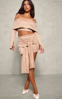 Petite Light Brown Faux Suede Long Sleeve Off The Shoulder Crop Top