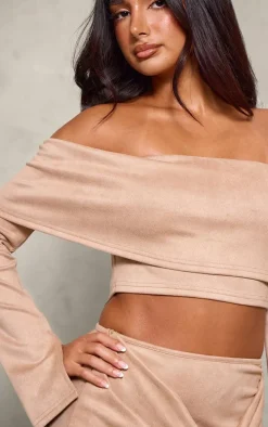 Petite Light Brown Faux Suede Long Sleeve Off The Shoulder Crop Top