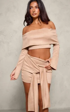 Petite Light Brown Faux Suede Tie Front Mini Skirt