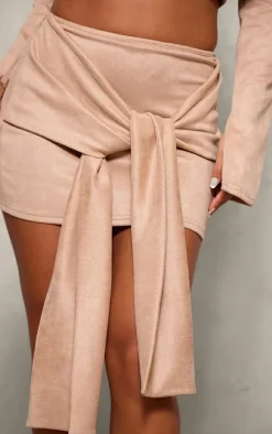 Petite Light Brown Faux Suede Tie Front Mini Skirt