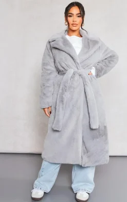Petite Light Grey Belted Faux Fur Coat