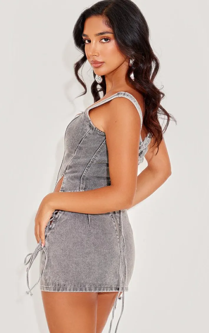 Petite Light Grey Denim Lace Up Corset Top