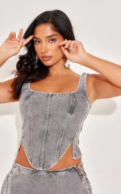 Petite Light Grey Denim Lace Up Corset Top