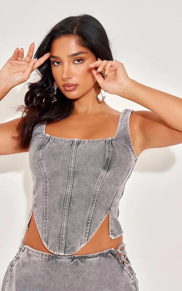 Petite Light Grey Denim Lace Up Corset Top