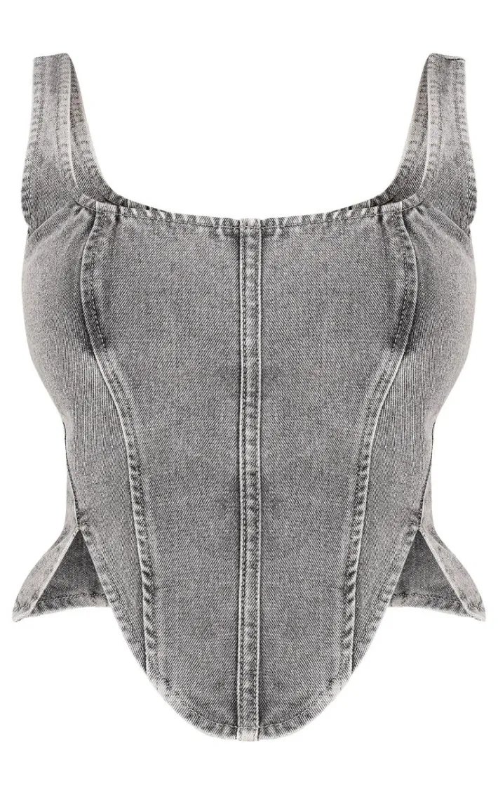 Petite Light Grey Denim Lace Up Corset Top