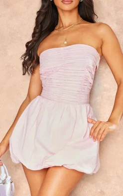 Petite Light Pink Linen Look Ruched Puffball Mini Dress