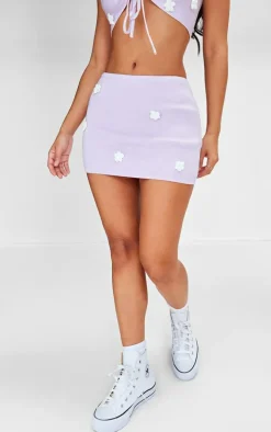 Petite Lilac Knitted Micro Mini Skirt With Flower Details