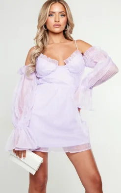 Petite Lilac Off The Shoulder Plisse Mini Dress