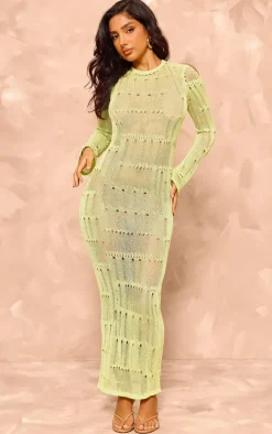Petite Lime Green Knitted Open Back Long Sleeve Maxi Dress