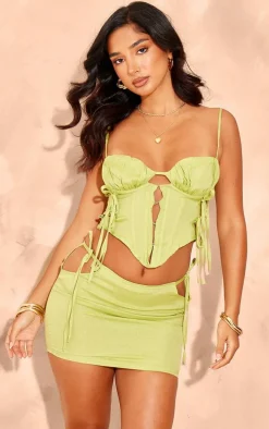 Petite Lime Green Linen Look Corset Top