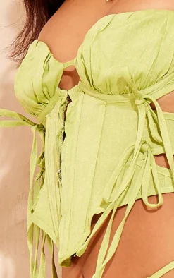 Petite Lime Green Linen Look Corset Top