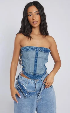 Petite Mid Blue Wash Denim Corset Top With Button Detailing