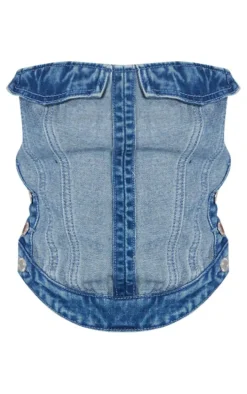 Petite Mid Blue Wash Denim Corset Top With Button Detailing