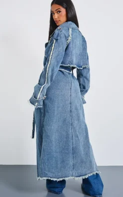 Petite Mid Blue Wash Denim Frayed Edge Maxi Trench Coat