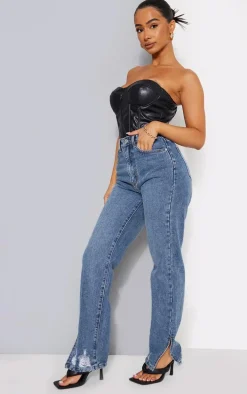 Petite Mid Blue Wash Ripped Split Hem Straight Leg Jeans