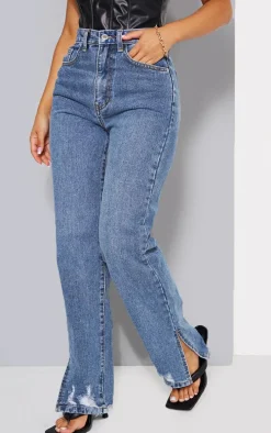 Petite Mid Blue Wash Ripped Split Hem Straight Leg Jeans