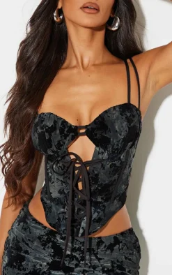 Petite Midnight Blue Devore Lace Up Corset