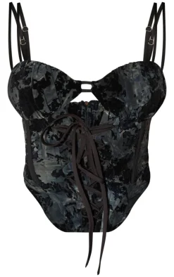 Petite Midnight Blue Devore Lace Up Corset