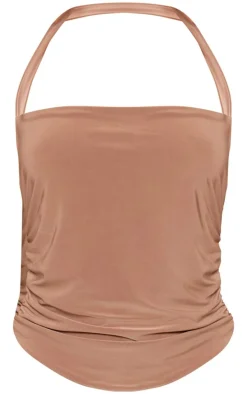 Petite Mocha Halterneck Slinky Ruched Crop Top