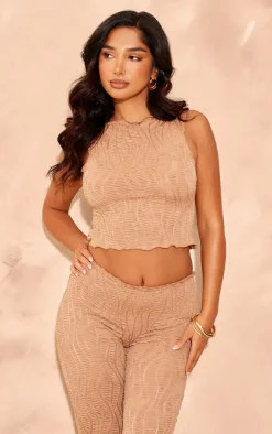 Petite Mocha Textured Racer Crop Top