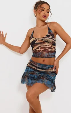 Petite Multi Printed Mesh Ruffle Mini Skirt