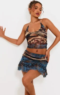 Petite Multi Printed Mesh Halterneck Crop Top
