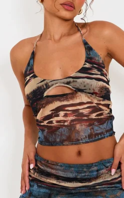 Petite Multi Printed Mesh Halterneck Crop Top