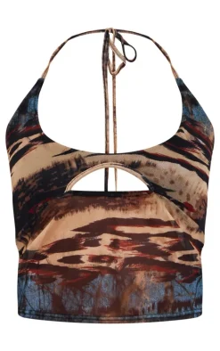 Petite Multi Printed Mesh Halterneck Crop Top