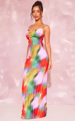 Petite Multi Printed Plisse Cowl Neck Maxi Dress