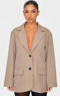 Petite Natural Stone Pinstripe Oversized Blazer