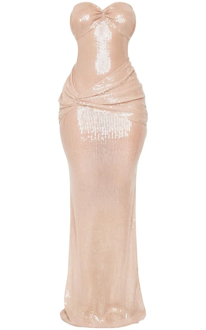 Petite Nude Bandeau Drape Detail Sheer Sequin Maxi Dress