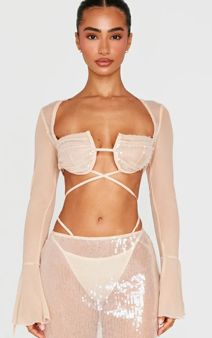 Petite Nude Sequin Cup Deatil Crop Top With Mesh Sleeves