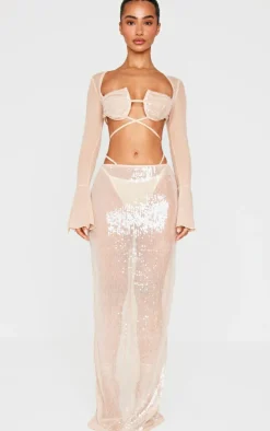 Petite Nude Sequin Cup Deatil Crop Top With Mesh Sleeves
