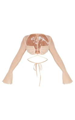 Petite Nude Sequin Cup Deatil Crop Top With Mesh Sleeves