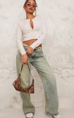 Petite Oatmeal Basic Fine Knit Button Up Cropped Cardigan