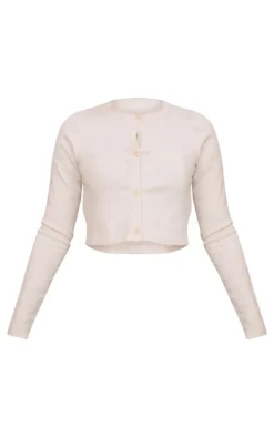 Petite Oatmeal Basic Fine Knit Button Up Cropped Cardigan