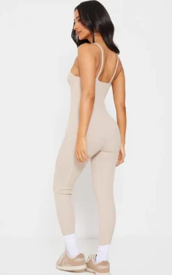 Petite Oatmeal Contrast Knit Strappy Jumpsuit