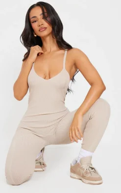 Petite Oatmeal Contrast Knit Strappy Jumpsuit