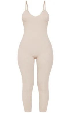 Petite Oatmeal Contrast Knit Strappy Jumpsuit