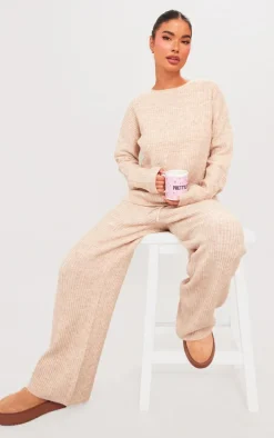 Petite Oatmeal Knit Wide Leg Pants