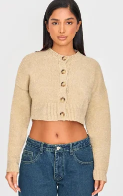 Petite Oatmeal Knitted Button Up Cardigan