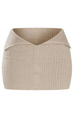 Petite Oatmeal Knitted Fold Over Skirt