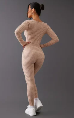 Petite Oatmeal Long Sleeve Knitted Jumpsuit