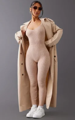 Petite Oatmeal Long Sleeve Knitted Jumpsuit