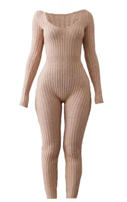 Petite Oatmeal Long Sleeve Knitted Jumpsuit