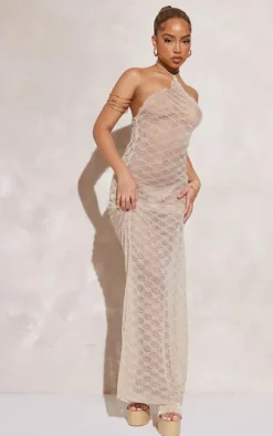 Petite Oatmeal Sheer Knitted Maxi Dress